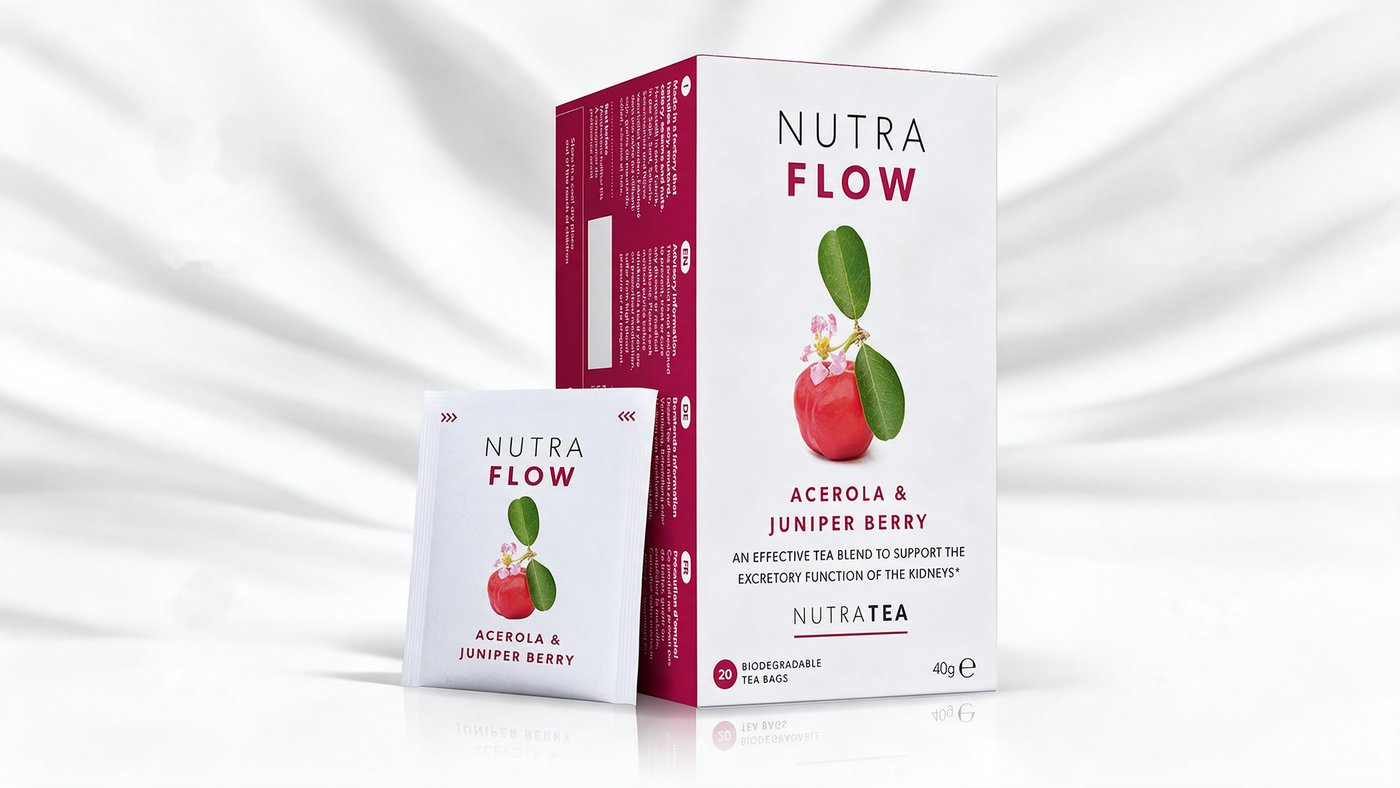 Boîte et sachet d'infusion NutraFlow à l'acérola et aux baies de genévrier