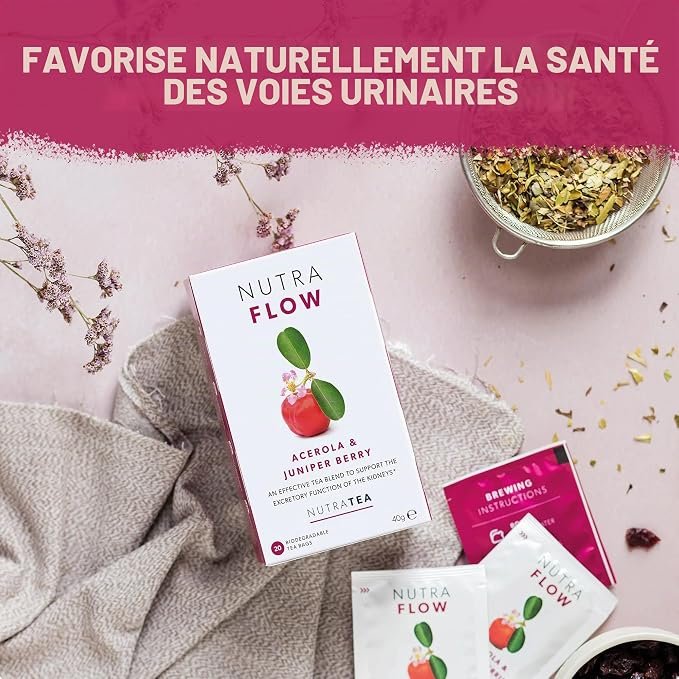 Boîte et sachets NutraFlow sur une table avec des plantes séchées